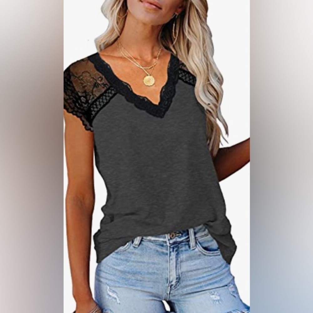 Lace Accent Blouse - Charcoal
